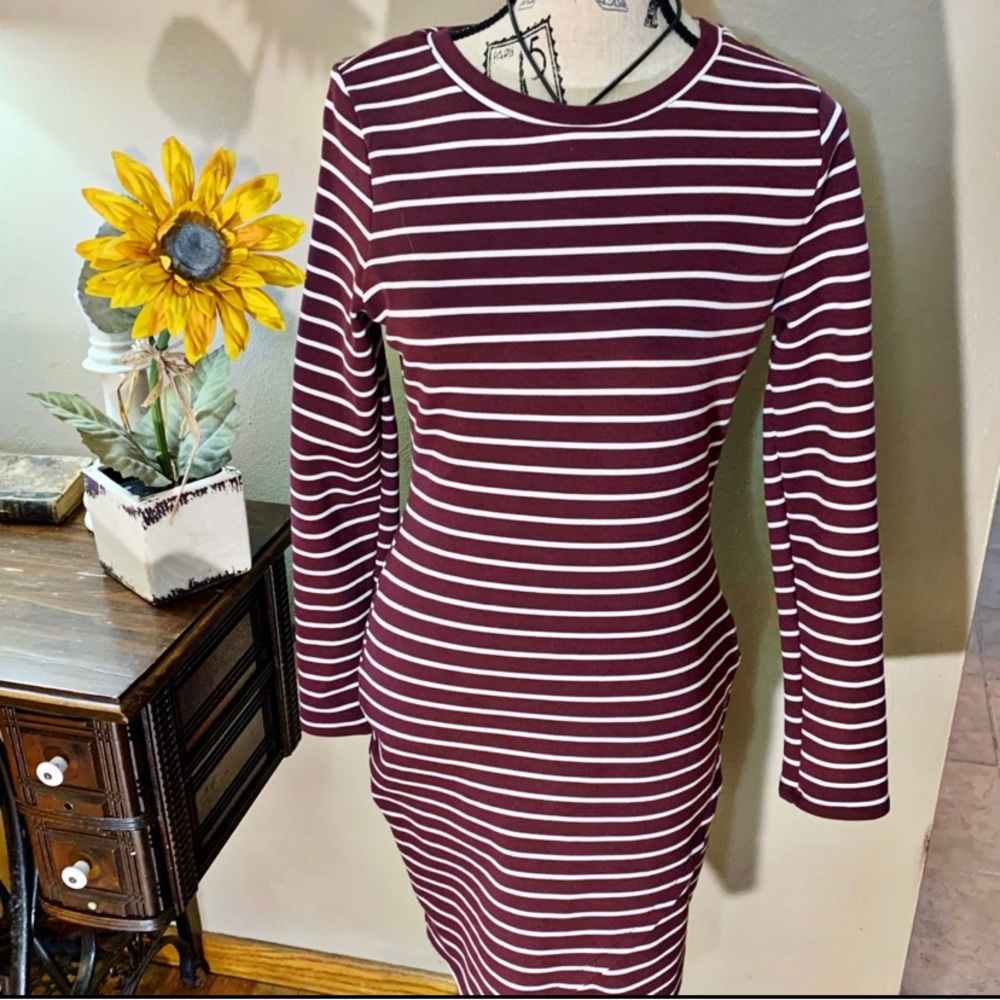 ❤️ Iris Ponte Knit Shirt Dress Maroon White Stripe Long Sleeve large